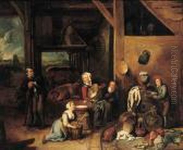 A Peasant Family In A Barn With Vegetables And Kitchen Utensils Inthe Foreground Oil Painting by Gerard Thomas