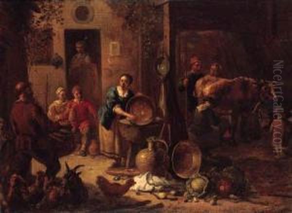 A Peasant Family In A Farmyard With Pots And Pans, Cabbages Andpoultry, A Milkmaid In A Stable Beyond Oil Painting by Gerard Thomas