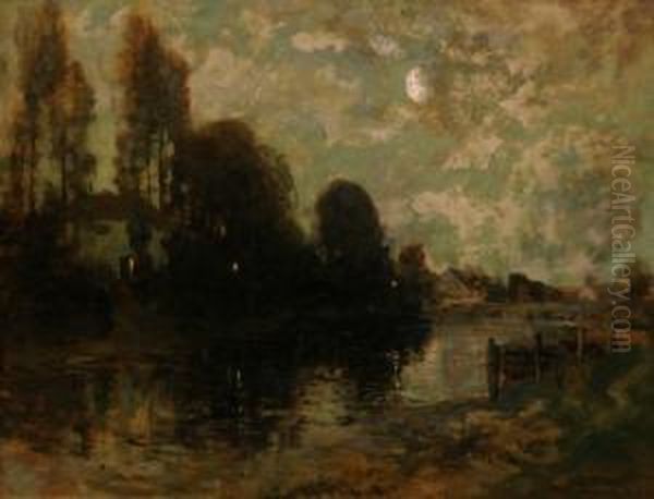 Rws - Moonlit French Village 1903 Oil On Canvas Signed Lower Right 69 By89 Cm Provenance: Private Collection, Melbourne Oil Painting by George Grosvenor Thomas