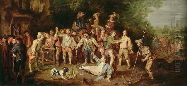 Peasants Brawling Outside a Tavern Oil Painting by Pieter Angellis