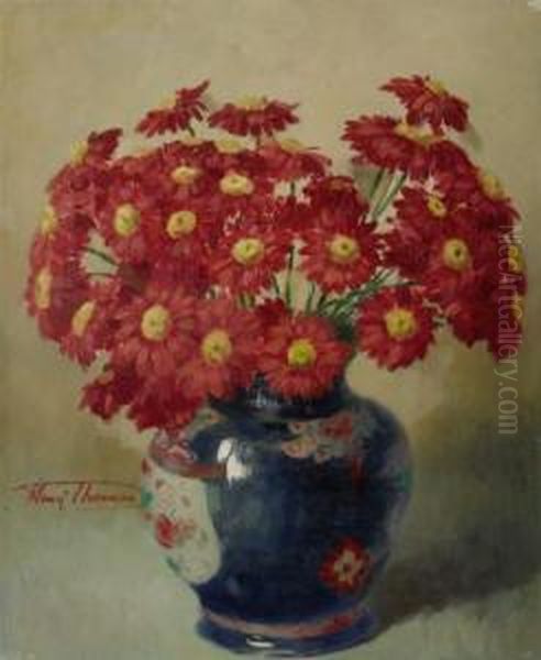 Red Marguerites In A Blue Chinese Vase Oil Painting by Henry Thomas