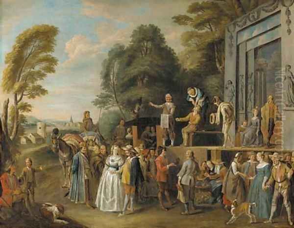 The Charlatans an outdoor theater with a quack doctor and an audience of gentry, monks and townsfolk Oil Painting by Pieter Angellis