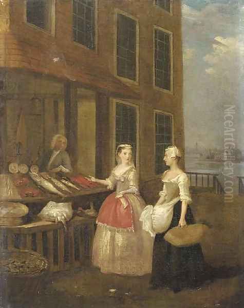 A lady and her maid at a fishmonger the river Thames with the Monument and the City of London visible beyond Oil Painting by Pieter Angellis