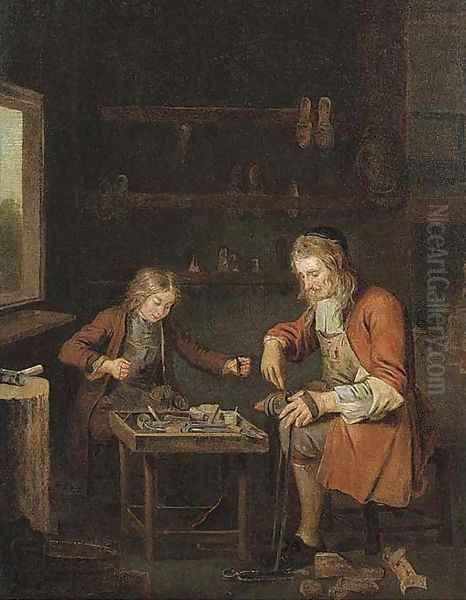 A shoemaker and his apprentice Oil Painting by Pieter Angellis