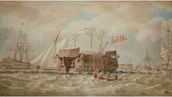 A Hulk And Other Vessels Off A Waterfront Oil Painting by Louis Thomas