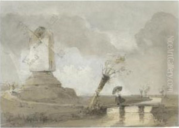 A Lady Holding An Umbrella, A Windmill Beyond Oil Painting by Louis Thomas