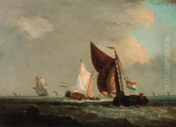 Barges And Other Shipping Off The Dutch Coast Oil Painting by Louis Thomas