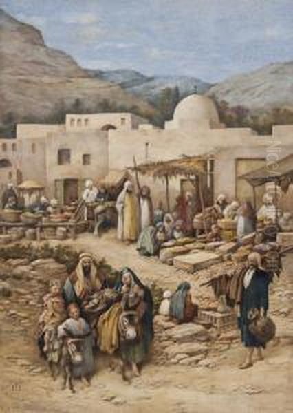 Middle Eastern Village Scene Oil Painting by Margaret Thomas