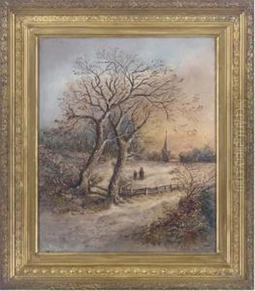 Figures Crossing A Snowy Field Towards A Church Oil Painting by Nellie Thomas