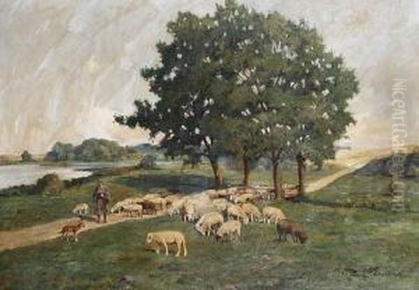 A Shepherd And His Flock On A Countrylane Oil Painting by Paul Thomas