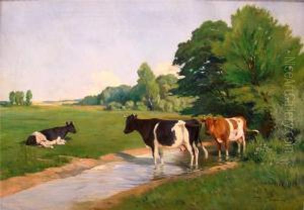 Sommerlandschaft Mit Kuhen An Einem Flusslauf Oil Painting by Paul Thomas