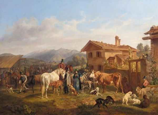 Cow Market in the Bavarian Alps (Ein Viehmarkt im Bayrischen Gebirge) Oil Painting by Benno Adam