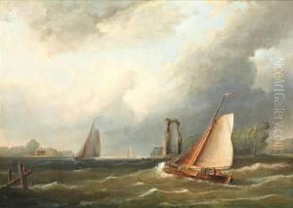 Boten Op Woelige Rivier Bij Een Ruine Oil Painting by Pieter Hendrik Thomas