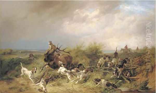 A stag hunt in a coastal landscape Oil Painting by Benno Adam