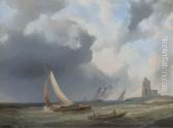 Sailingvessels On Choppy Water By A Coast Oil Painting by Pieter Hendrik Thomas