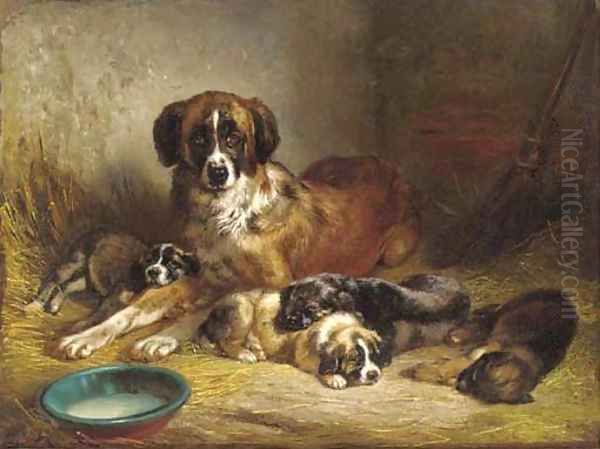 A St. Bernard with it's litter Oil Painting by Benno Adam