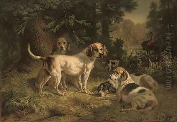 Hounds resting in a woodland clearing with huntsmen beyond Oil Painting by Benno Adam