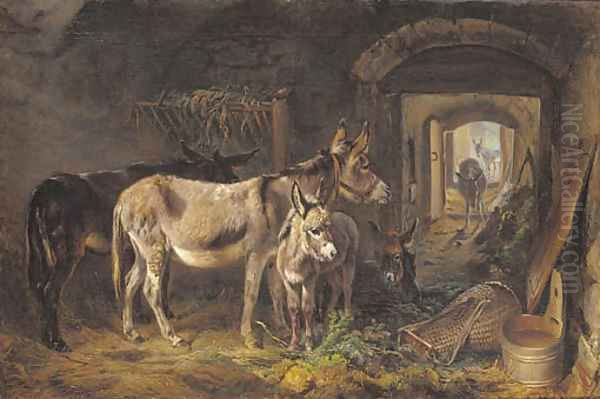 Donkeys in a stable interior Oil Painting by Benno Adam