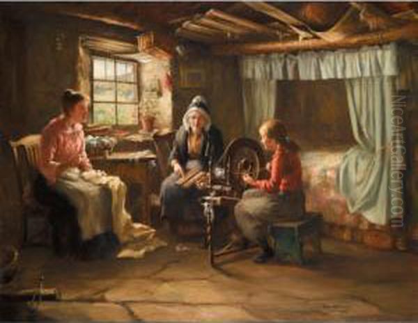 Domestic Scene, Highland Interior Oil Painting by Theophile Thomas