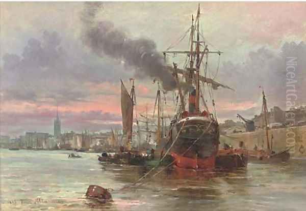 Vessels moored at the quay, a French port Oil Painting by Saverio Altamura