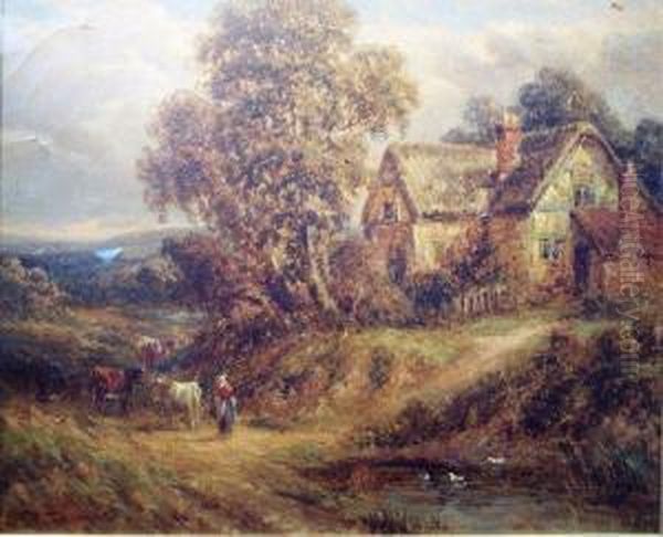 Cattle Driven Past A Cottage Oil Painting by Thomas Thomas