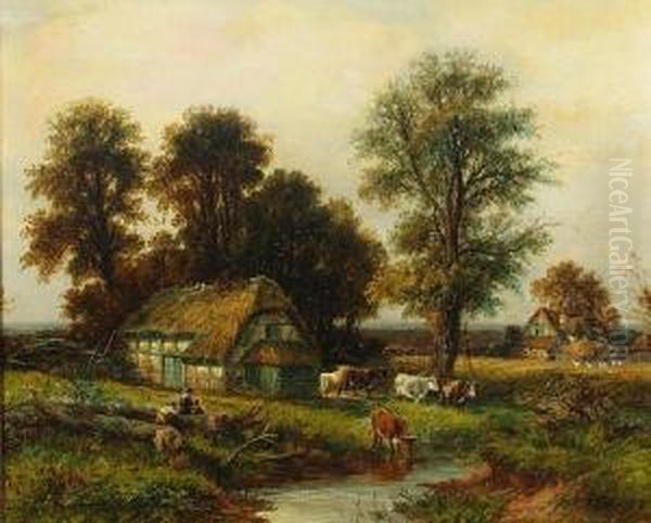 Figures And Cattle By A Hamlet Oil Painting by Thomas Thomas