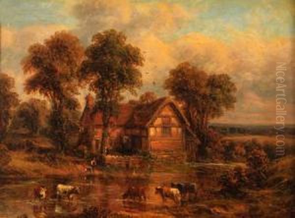 Cattle Watering Before A Cottage Oil Painting by Thomas Thomas