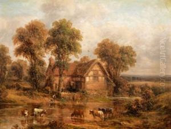 A Landscape With Figures And Horses By A Thatched Cottage Oil Painting by Thomas Thomas