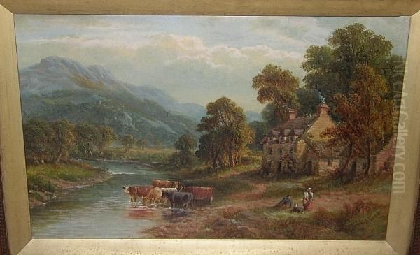 Cattle Watering By A Farmstead, Mountains Beyond, Signed 't. Thomas' Oil Painting by Thomas Thomas