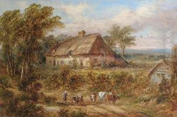 Outside The Cottage Door; Herding The Cattle Outside The Cottage Oil Painting by Thomas Henri Thomas