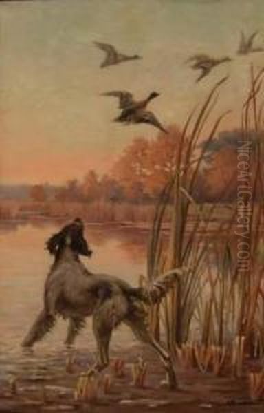 Chiens Devant Des Canards Oil Painting by Adolphe Thomasse