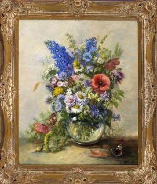 Wiesenblumenstraus In Einer Glaskugelvase Mit Schmetterling Und Schnecke Oil Painting by Louis Thomassin