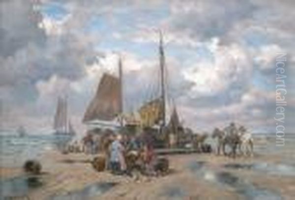 Fischer Entladen Ihren Fang Am Strand Oil Painting by Desire Tomassin