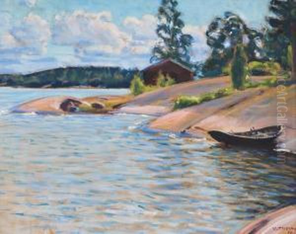 Aboat On The Shore Oil Painting by Verner Thome