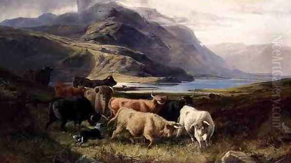 Highland Cattle with a Collie Oil Painting by Joseph Adam