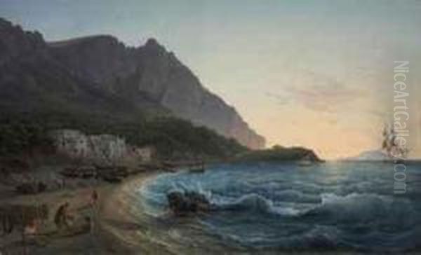 Fishing Boats On The Shore, Capri Oil Painting by Friedrich Thoming