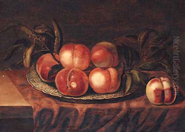 Peaches on a porcelain dish, on a partially draped ledge Oil Painting by Bartholomeus Assteyn