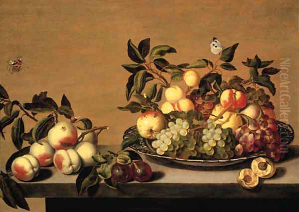 Fruit Grapes, peaches, apples and a pearon a Waanli 'kraak' porselein plate, with other fruit on a ledge Oil Painting by Bartholomeus Assteyn