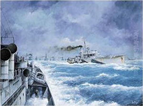 Eyes Of The Convoy, Flower Class Corvette Embarking On The Pick Duty Oil Painting by Adrian Thompson