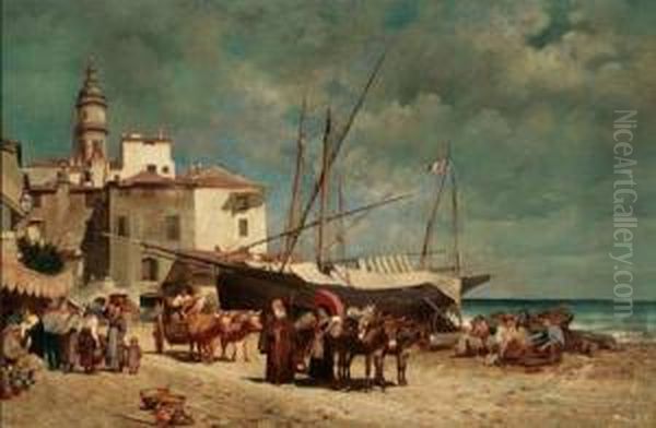 Figures Gathered Along A Mediterranean Shore Oil Painting by Alfred Wordsworth Thompson