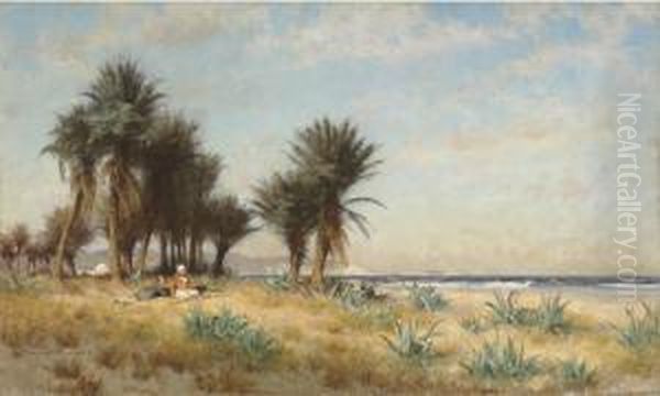 A Moroccan Coastal Scene Oil Painting by Alfred Wordsworth Thompson