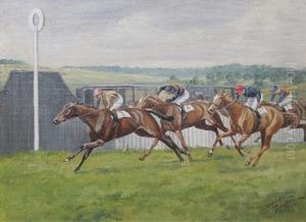 'steward's Cup, Goodwood, 1929, 1st - Fleeting Memory, 2nd - Golden Oracle, 3rd - Dark Fire' 'algernon Thompson', Titled On Back Board Oil Painting by Algernon A.Cankerian Thompson