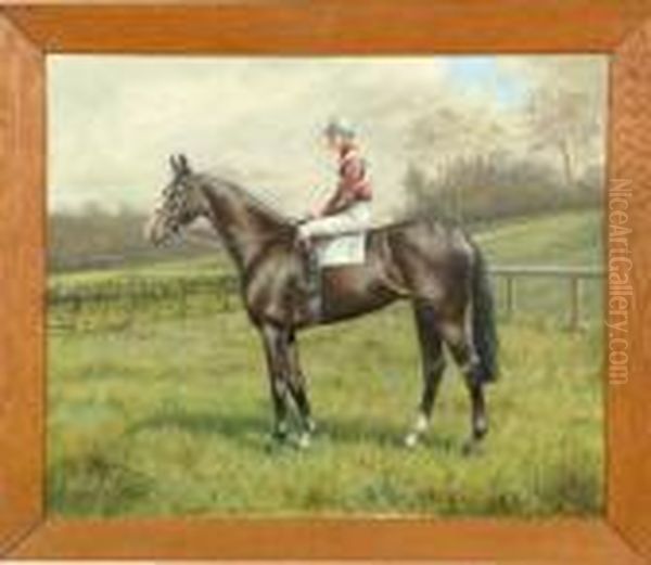 A Portrait Of A Bay Racehorse With Jockey Up Oil Painting by Algernon A.Cankerian Thompson