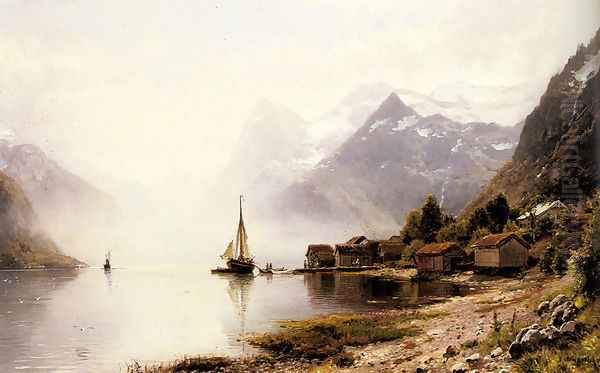 Norwegian Fjord with Snow Capped Mountains Oil Painting by Anders Monsen Askevold