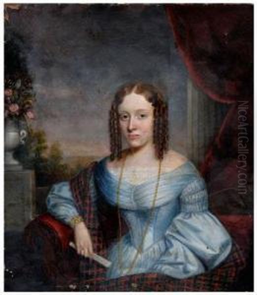 Young Lady In Blue Dress With Plaid Wrap Oil Painting by Cephas Giovanni Thompson