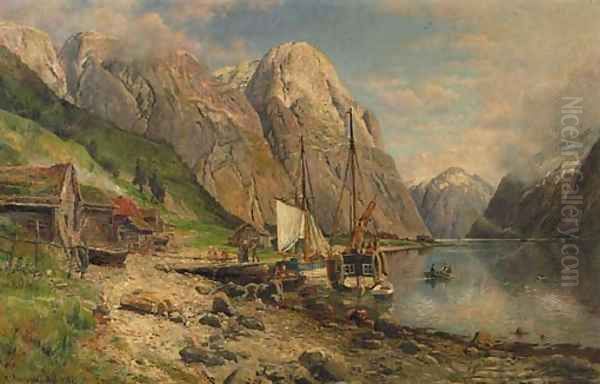 Fisherfolk in a fjord in summer Oil Painting by Anders Monsen Askevold