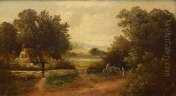 Figures And Horses In A Country Lane By A Cottage Oil Painting by E. Thompson