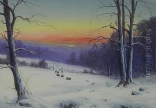 The Glow Of A Winter's Eve Near Bridge Of Dun Oil Painting by Edward Horace Thompson