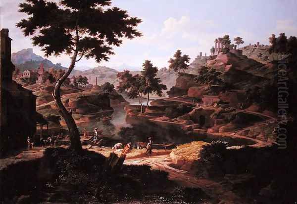 Classical landscape with figures and ruins Oil Painting by Etienne Allegrain