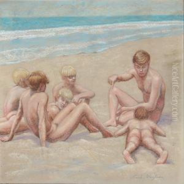 Beach Scene With Nude Boys Oil Painting by Frank Thompson